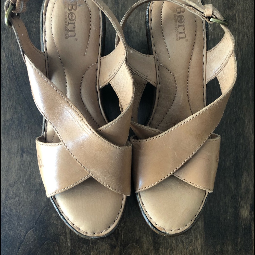 Tan Leather Born Wedge Sandals - Size 8